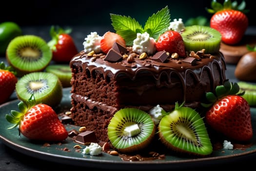 chocolate cake with strawberries, cottage cheese, fruits .