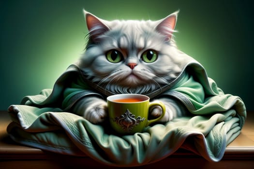 the cat lies in bed under a blanket and drinks hot tea .