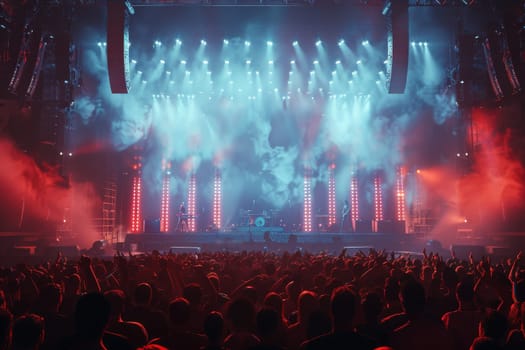 A large crowd of people are gathered in a stadium, watching a concert. The stage is lit up with bright lights and smoke, creating a lively atmosphere. The audience is cheering and clapping