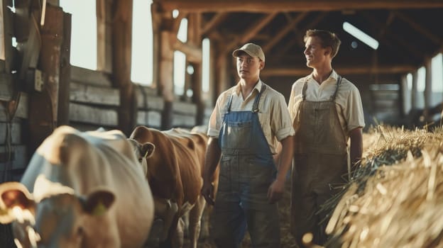 Two men are standing in a barn with cows. They are smiling and seem to be enjoying their time