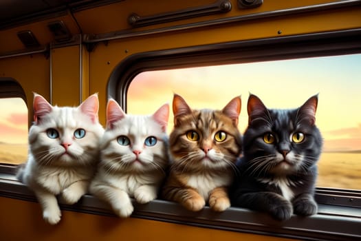 funny cats travel in a train carriage, vacation .