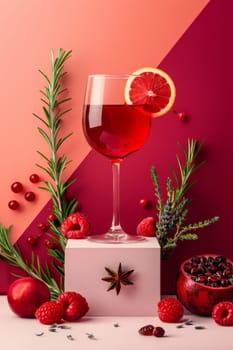 A glass of red wine with a slice of orange on top is surrounded by a variety of fruits and herbs, creating a festive and inviting atmosphere