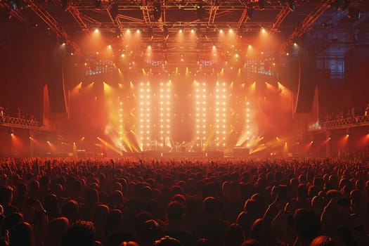 A large crowd of people are gathered in a stadium, watching a concert. The stage is lit up with bright lights and the atmosphere is energetic and lively