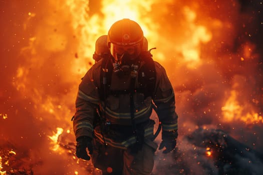 A firefighter is walking through a burning building. The fire is orange and the smoke is thick. The firefighter is wearing a full protective suit and carrying a backpack