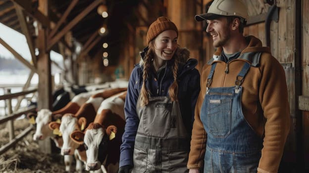 A man and a woman are standing in a barn with cows. The man is wearing a hard hat and the woman is wearing a hat. They are smiling at each other