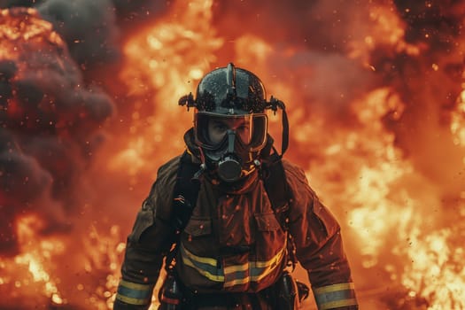 A firefighter is standing in front of a burning building. The fire is very intense and the firefighter is wearing a full protective suit
