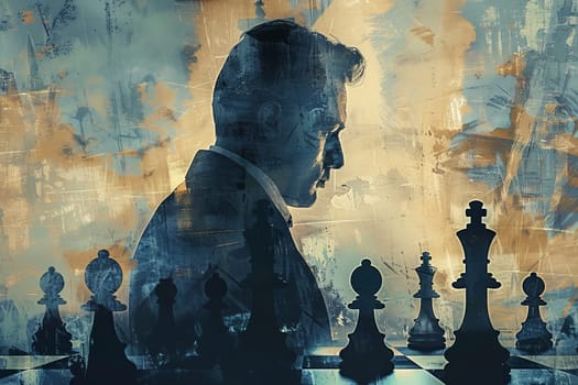 A man is sitting in front of a chess board with a man's silhouette on the board. The man is wearing a suit and tie. The chess board is set up with the pieces in their starting positions