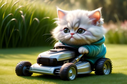 cat with a lawnmower mows the grass, summer .