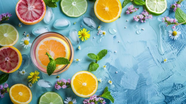 A blue background with a variety of fruits and flowers, including oranges, limes, and mint