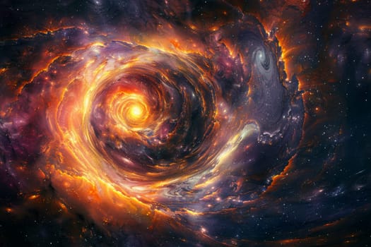 A spiral galaxy with a bright yellow star in the center. The galaxy is filled with stars and clouds of gas, giving it a vibrant and dynamic appearance