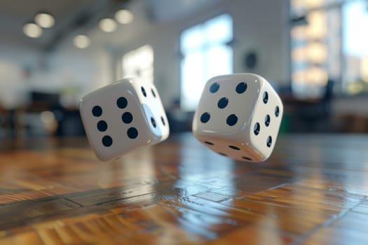 Two white dice are floating in the air above a wooden table. The scene is set in a room with a window, and there are chairs and a couch in the background. Scene is playful and lighthearted