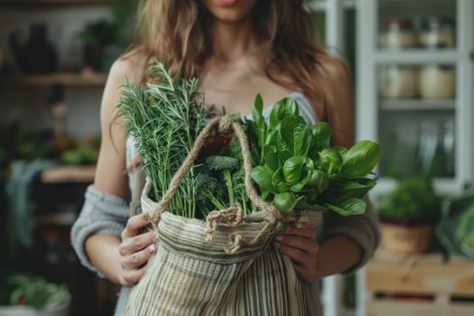 A woman is holding a bag of vegetables, including broccoli, lettuce, and herbs. The scene is set in a kitchen, with a potted plant in the background. The woman is in a relaxed and casual mood