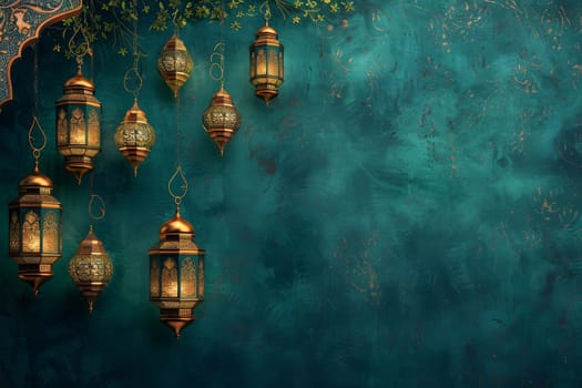 A blue wall with a row of lanterns hanging from it. The lanterns are lit and create a warm and inviting atmosphere