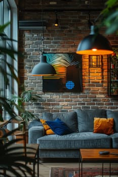 A living room with a brick wall and a couch with pillows on it. The room has a modern and cozy feel