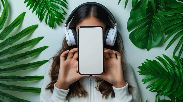 A woman is holding a tablet with a white screen and wearing headphones. She is looking at the screen, possibly playing a game or watching a video. Concept of relaxation and leisure