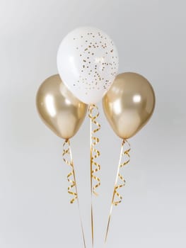 Gold and white balloons with golden confetti on white background. For celebration decorations, festive backgrounds, luxury party themes, and design elements. Ai generation. High quality photo