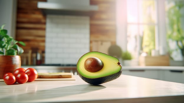 food background with fresh organic avocado on old wooden table, top view, copy space. Preparing food, food and drinks in the comfort of your home kitchen. Proper nutrition, lifestyle, meal times, lunch, dinner, breakfast studio