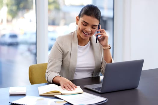 Phone call, discussion and business woman in office for conversation, communication or planning agenda. Notebook, laptop and consultant taking on smartphone for networking, appointment or schedule.