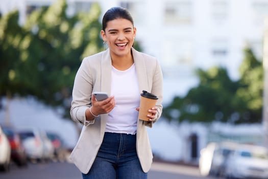 Woman, smartphone and walking in city for coffee break, happy professional news with email or excited about travel. Business opportunity, reaction and online communication in urban street with drink.