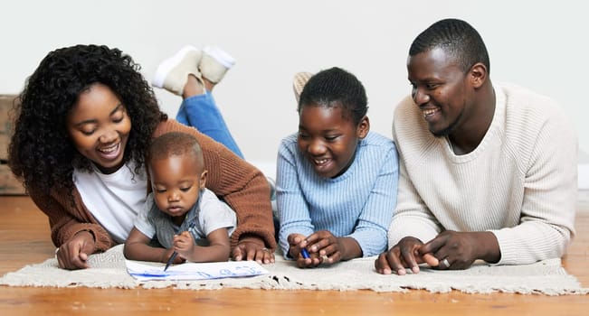 Black family, home and living room drawing with smile, bonding and love with happiness. Mother, father and children with art, lounge and learning for fun and joy with kids for childhood memories.