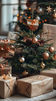 A festive Christmas tree adorned with ornaments and surrounded by gifts, placed in a cozy living room setting