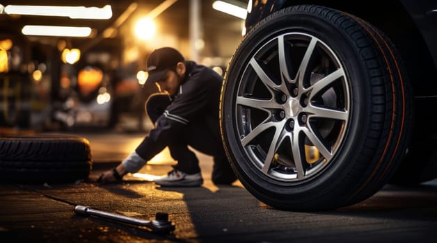 A Nice and cool specialist at work. Young mechanic in baseball cap changing car tire in a specialized garage. Inside a car service center - process of changing wheels and tires