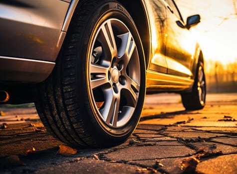 The car stands on dry cracked ground in the lights of a evening sun. Close up of car wheels with all season tires and titanium discs on a bright autumn day