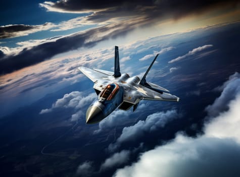 Modern Combat 5th or 6th generation fighter aircraft flies at high altitude against a blue sky and ground. Combat aviation, Air Force. Military jet flying armed with surface-to-air missiles