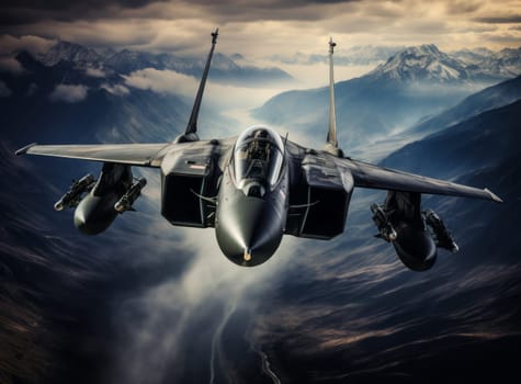 Modern Combat 5th or 6th generation fighter aircraft flies at high altitude against a blue sky and ground. Combat aviation, Air Force. Military jet flying armed with surface-to-air missiles