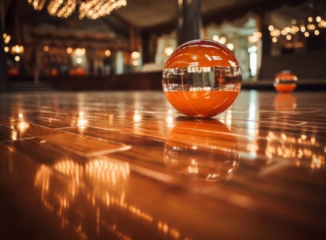 Orange glass ball on wooden floor, blurred background with chandelier and other glass balls