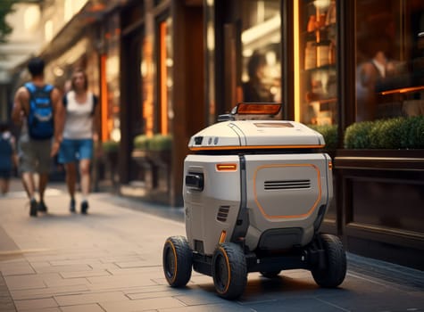 Moving delivery robot on the evening city on public road. White futuristic cyber-courier are cruising the sidewalks and street near shop, cafe, restaurant and people. Modern robotic delivery