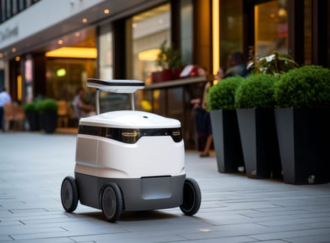 Moving delivery robot on the evening city on public road. White futuristic cyber-courier are cruising the sidewalks and street near shop, cafe, restaurant and people. Modern robotic delivery