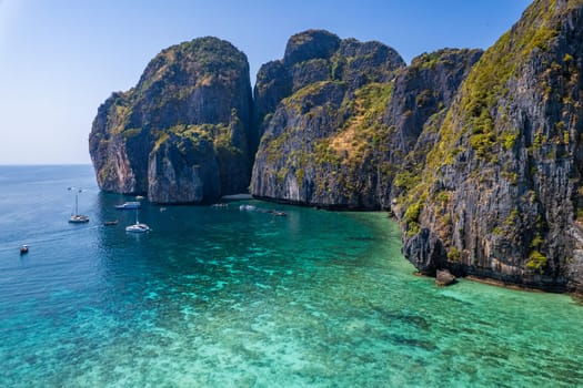 Aerial view of Maya bay in koh Phi Phi Leh, Krabi, Thailand