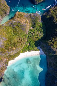 Aerial view of Maya bay in koh Phi Phi Leh, Krabi, Thailand