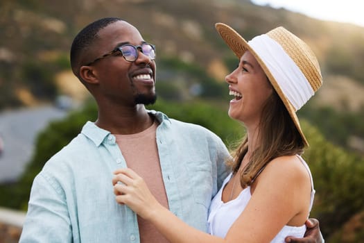 Interracial couple, travel and funny for hug in nature, environment and countryside for vacation in Brazil. Adventure, people and happy outdoor in summer for holiday, break and comic together.