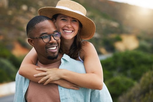 Interracial couple, trip and happy for hug in nature, travel and countryside for vacation in Brazil. Adventure, people and smile in outdoor in summer for holiday, journey and relax together