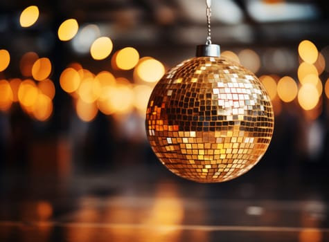 Beautiful Christmas toy shaped like a disco ball. Golden festive ball with blurred bokeh in the background. Concept for New Year and Christmas card or invitation