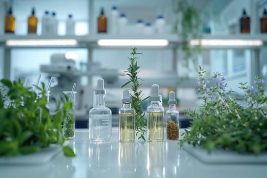 A lab table with several vials of herbs and plants. Scene is scientific and focused on experimentation