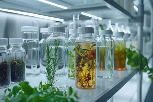 A lab table with several vials of herbs and plants. Scene is scientific and focused on experimentation