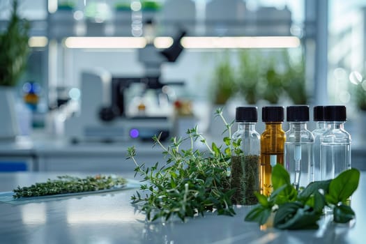 A lab table with several vials of herbs and plants. Scene is scientific and focused on experimentation