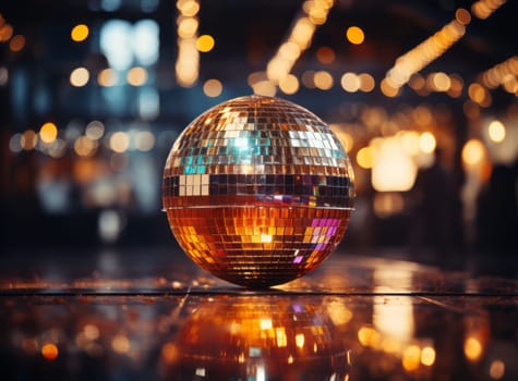 Close-up of a vibrant disco ball reflecting colorful lights in a dimly lit room, creating a lively party atmosphere