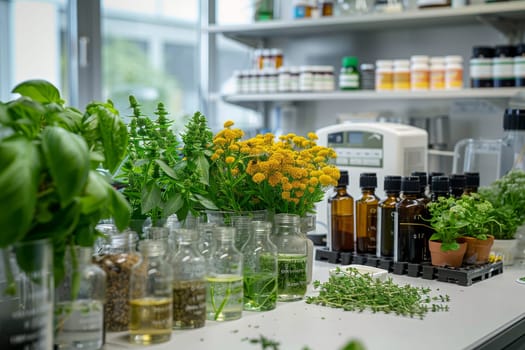 A lab table with several vials of herbs and plants. Scene is scientific and focused on experimentation