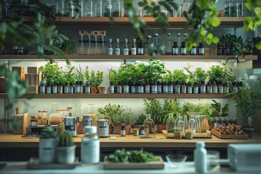 A lab table with several vials of herbs and plants. Scene is scientific and focused on experimentation