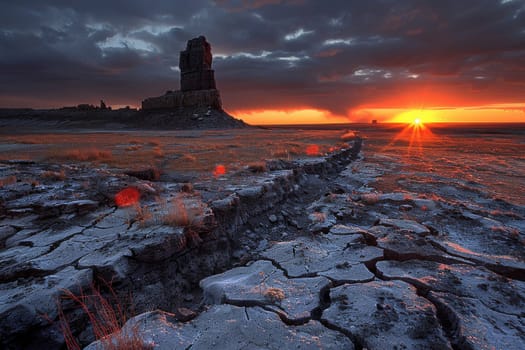 A desolate landscape with a large rock in the foreground and a sunset in the background. The sky is dark and cloudy, and the sun is setting, casting a warm glow over the scene