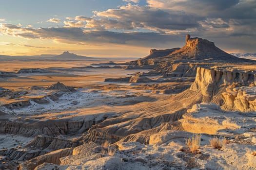 A desolate desert landscape with a mountain in the background. The sky is cloudy and the sun is setting