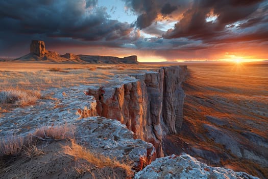 A beautiful sunset over a desert landscape with a cliff in the background. The sky is filled with clouds, and the sun is setting in the distance