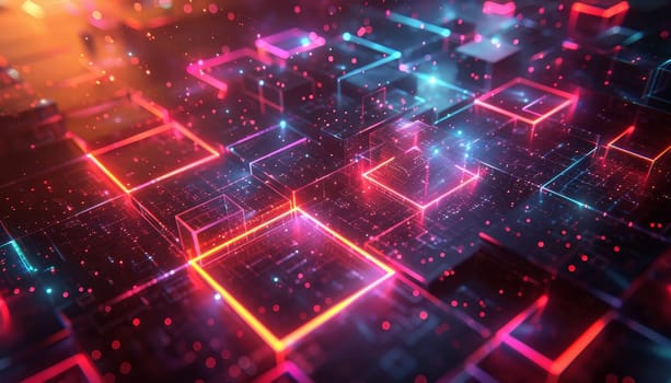 A colorful image of a cityscape with neon lights and squares by AI generated image.