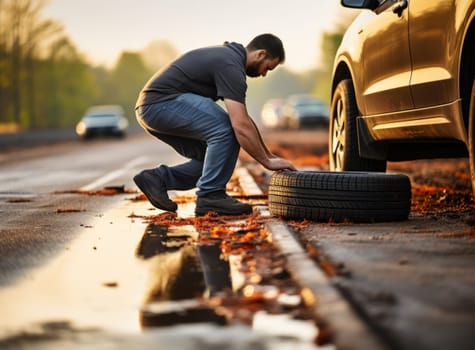 Bearded young man in a T-shirt changing a flat tire on SUV on the road in autumn. Driver installing a car's spare tire on the side of the highway near the puddle. Wheel incident on the road