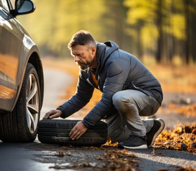 Bearded man in a jacket changing a flat tire on the road in autumn. Driver installing a car's spare tire on the side of the highway. Wheel incident on the road