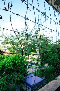 Iron steel net mesh wall facing a garden